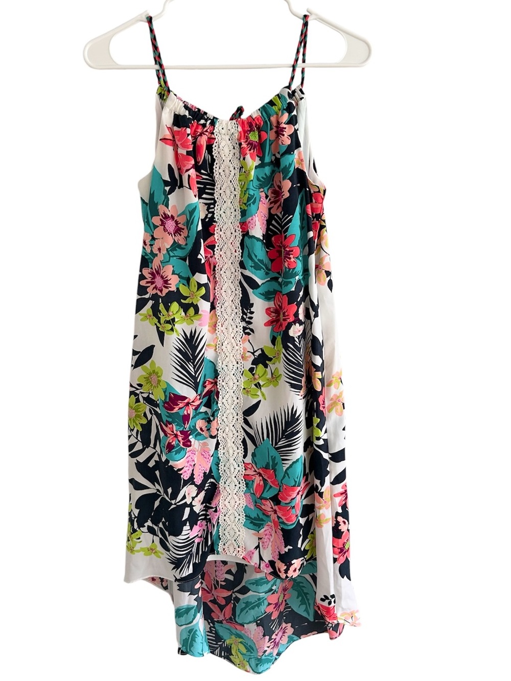 NWT Emily West Tropical High Low Hem White Lace Braided Straps Dress Sz 16